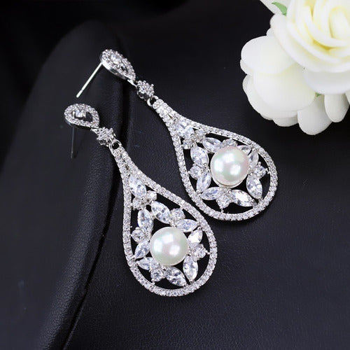 Brinco Noiva Zirconia E Perola Prata Festa Debutante Gota