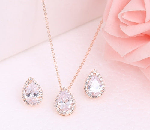 Conjunto Colar Brinco Noiva Pedra Zirconia Prata Dourad Gota