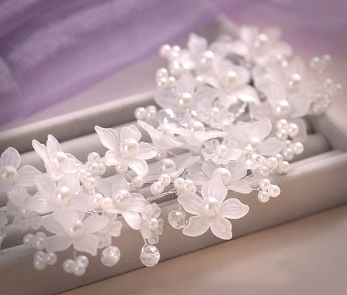 Enfeite Arranjo Tiara Cabelo Noiva Perola Cristal Prata