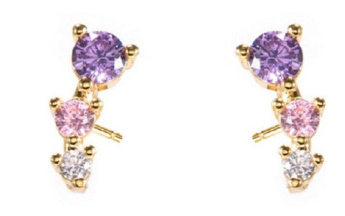 Brinco Ear Cuff Pedra Zirconia Dourado Infantil Pequeno Rosa