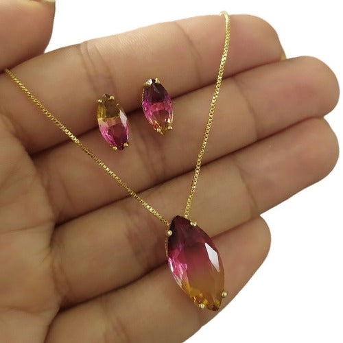 Conjunto Colar E Brinco Navete Degradê Pedra Zirconia Rosa