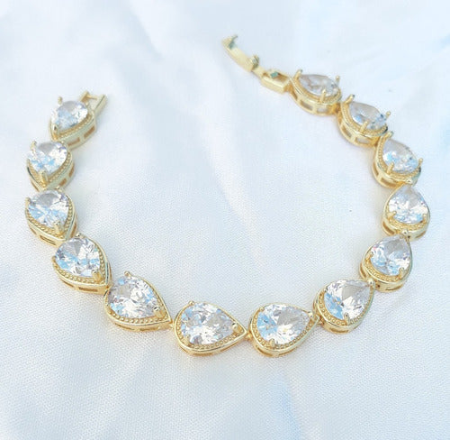 Pulseira Bracelete Dourada Com Zircônia Noiva Debutante Gota