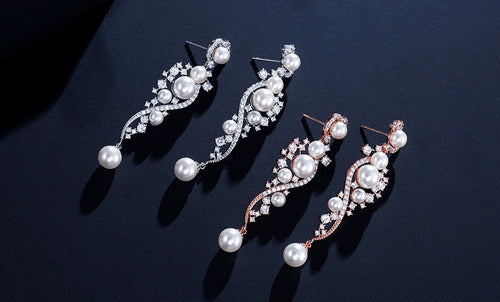 Brinco Pérola E Zirconia Noiva Pendurado Delicado Prata Luxo