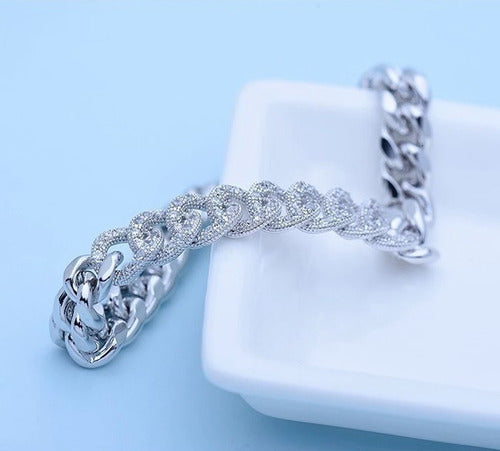 Pulseira Bracelete Feminina Prata Pedra Zircônia Grossa