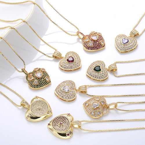 Colar Corrente Pedra Zirconia Coração Semijoia Verde F. Ouro