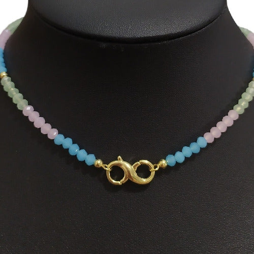 Colar Infinito Pedra Cristal Colorido F. Ouro18k Dourado