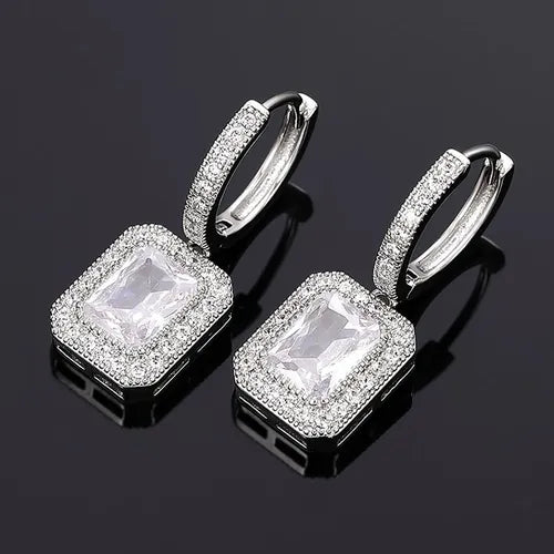 Brinco De Argola Pedra Zirconia Prata Retangular Clicker Prateado