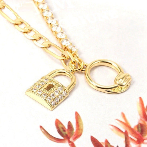 Pulseira Bracelete Dourada Cadeado Pedra Zircônia Riviera