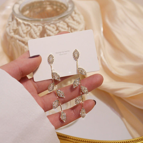 Brinco Noiva Pedra Zirconia Dourado Festa Debutante Folhas