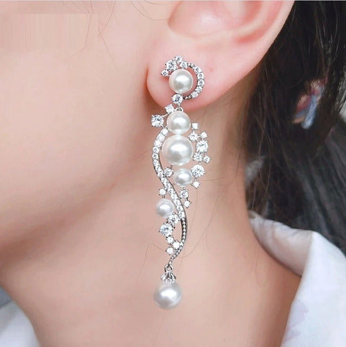Brinco Pérola E Zirconia Noiva Pendurado Delicado Prata Luxo