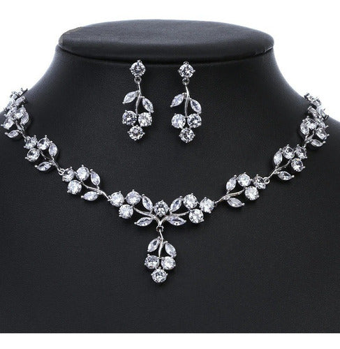 Colar E Brinco Noiva Zircônia Prata Festa Debutante Folhas