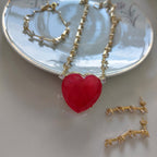 Conjunto Colar Brinco Pulseira Pedra Coração Vermelho