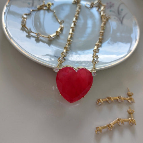 Conjunto Colar Brinco Pulseira Pedra Coração Vermelho