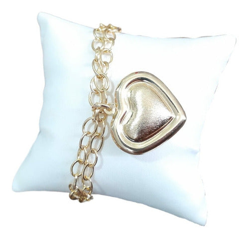 Pulseira Dupla Com Pingente Coração Grande Folheada Ouro 18k