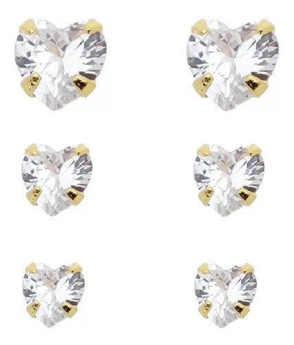 Trio Brinco Pedra Zirconia Coração F Ouro Dourado Folheado