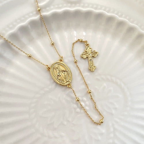 Colar Terço Noiva Dourado Delicado Banhado A Ouro 18k
