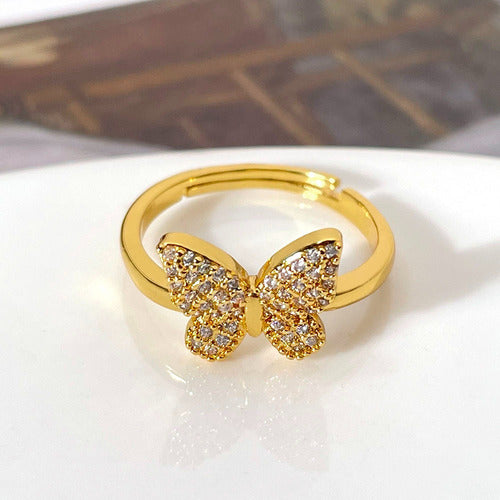 Anel Pedra Zirconia Borboleta Festa Dourado Ajustavel F Ouro