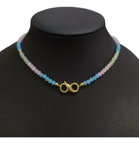 Colar Infinito Pedra Cristal Colorido F. Ouro18k Dourado