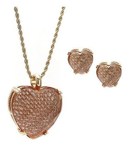 Conjunto Colar E Brinco Coração Pedra Quartzo Lapidada