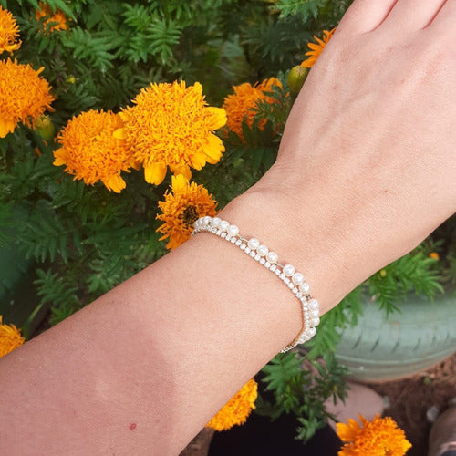 Pulseira Bracelete Dourada Zircônia E Pérola Noiva Debutante