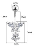 Piercing De Umbigo Prata Pendurado Pedra Borboleta Flor