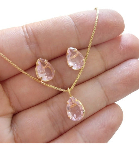 Conjunto Colar E Brinco Gota Rosa Pedra Zirconia Folheado