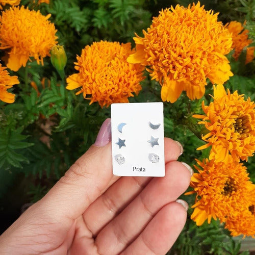 Trio Brinco Prata Estrela Lua Ponto De Luz Pedra Zirconia