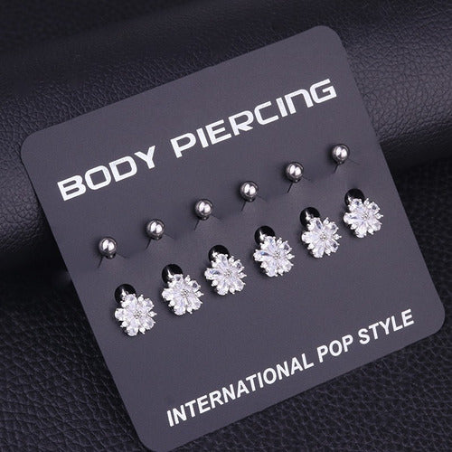 Piercing De Umbigo Prata Flor Zirconia Pequeno Aço 316