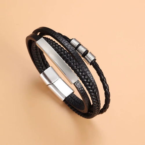 Pulseira Masculina Couro Aço Inox Chapa Gravar Trançado 4x