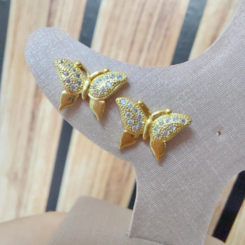 Brinco Pedra Zirconia Dourado Banhado A Ouro Borboleta