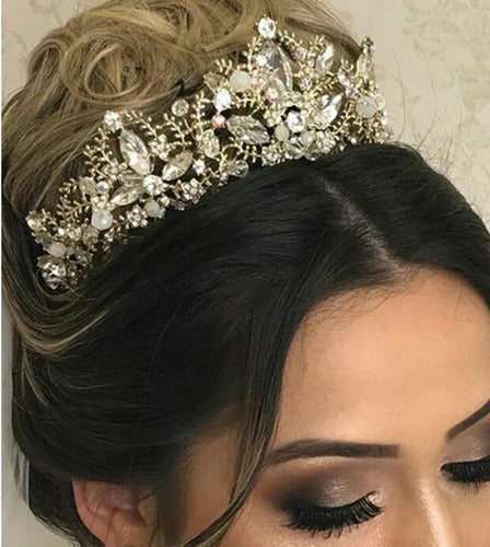 Coroa Tiara Arranjo Cabelo Noiva Strass Dourada Ouro Luxo