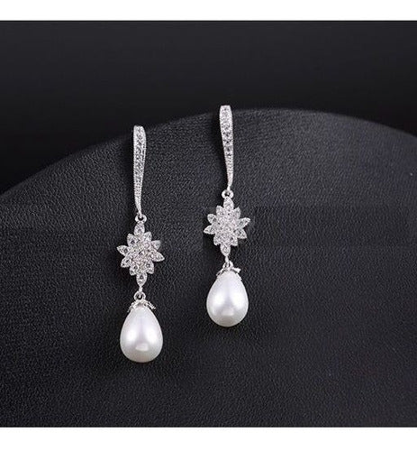 Brinco Perola Noiva Zirconia Pendurado Delicado Festa Prata