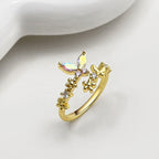 Anel Pedra Zirconia Festa Dourado Borboleta Furtacor Ajustav
