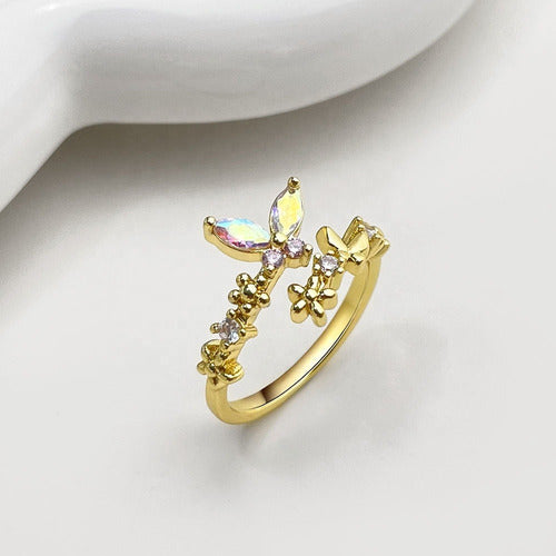 Anel Pedra Zirconia Festa Dourado Borboleta Furtacor Ajustav