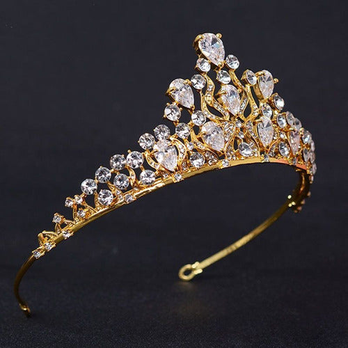 Coroa Tiara Cabelo Noiva Dourada Zirconia E Strass Princesa