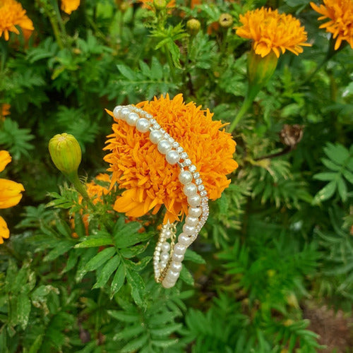 Pulseira Bracelete Dourada Zircônia E Pérola Noiva Debutante