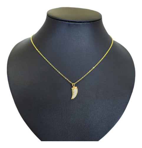Colar Dente De Tigre Pedra Zirconia Dourado Chifre