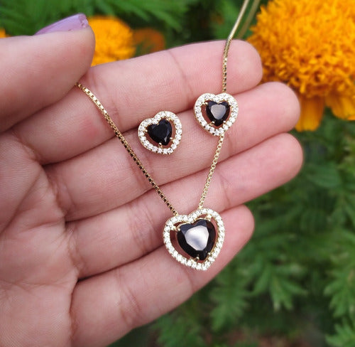 Conjunto Colar E Brinco Coração Pedra Zirconia Preto Verde