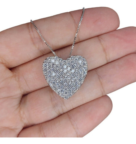 Colar Corrente Pedra Zirconia Coração Semijoia Banho D Rodio