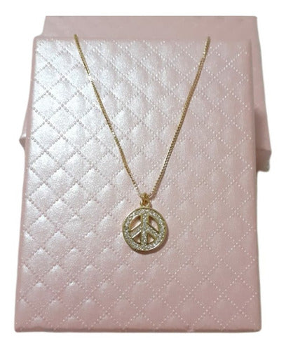 Colar Símbolo Da Paz Hippie Pedra Zirconia F. Ouro Semijoia