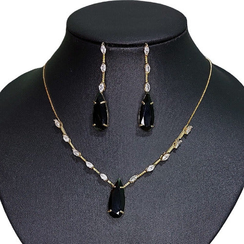 Conjunto Colar E Brinco Pedra Verde Zirconia Gota F Ouro 18k