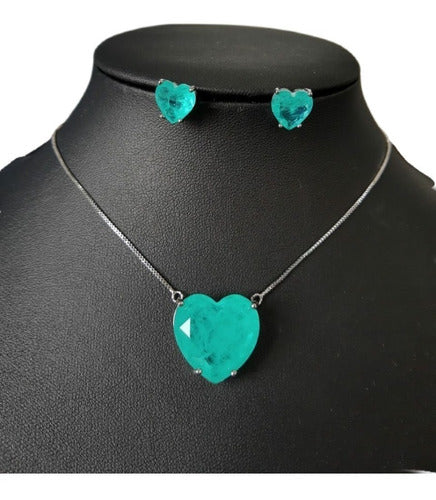 Conjunto Colar E Brinco Coração Pedra Zirconia Fusion Verde