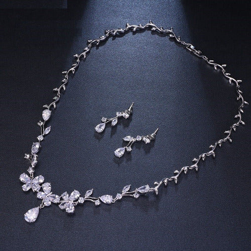 Colar E Brinco Noiva Zircônia Prata Festa Debutante Luxo