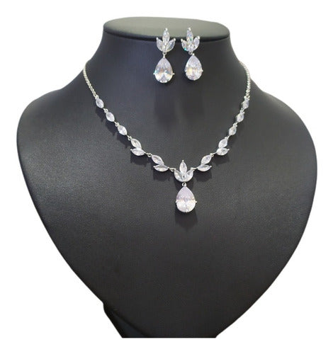 Conjunto Colar Brinco Noiva Pedra Zirconia Prata Gota Festa