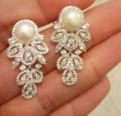 Brinco Noiva Zirconia Perola Pendurado Prata Delicado Festa