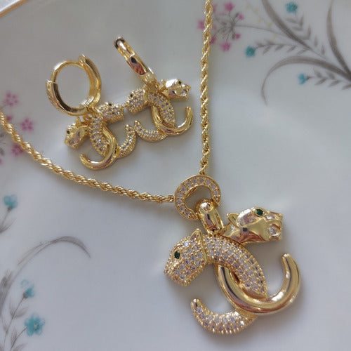 Conjunto Colar Brinco Leopardo Cravejado Dourado Zirconia