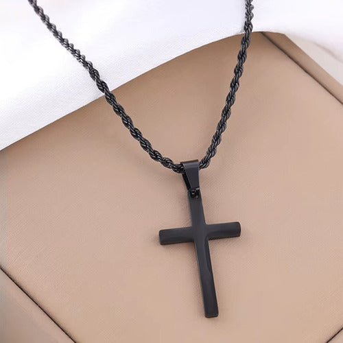 Corrente Unissex Aço Inox Pingente Cruz Cordão Baiano 50cm