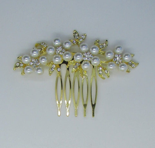 Arranjo Enfeite Cabelo Noiva Dama Dourado Strass Perola