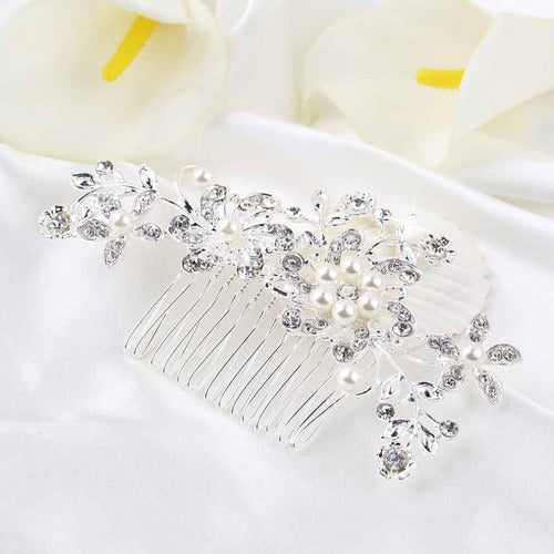 Arranjo Enfeite Cabelo Noiva Prata Strass Perola