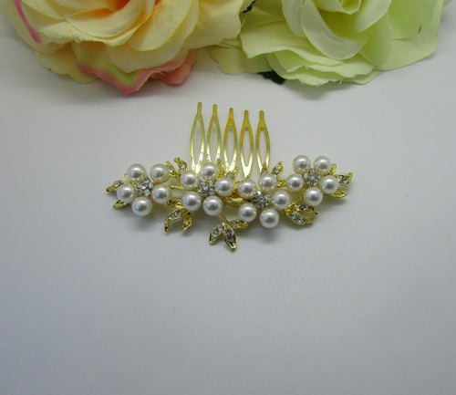 Arranjo Enfeite Cabelo Noiva Dama Dourado Strass Perola